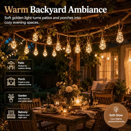 Boho Fairy String Lights Outdoor Solar Powered, Vintage Rope Hemp Bulb LED Patio Lights, Waterproof Shatterproof Backyard String Lights for Garden Fence Decor (Warm White - 25lights, 456, Inches) - Image 4