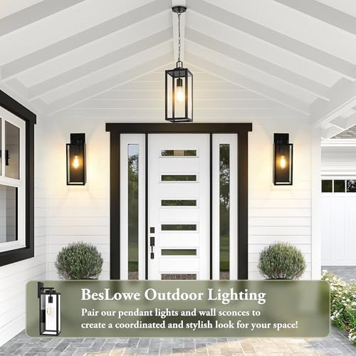 BesLowe 15” Large Outdoor Pendant Light, Modern Hanging Lantern, Black - Image 4