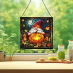 Gnome Pumpkin Lantern Stained Glass Suncatcher – Square Hanging Window Panel for Home or Greenhouse – Whimsical Glass Art Gift for Garden Lovers, Christmas, Halloween, Father Days YYOCot - Image 2