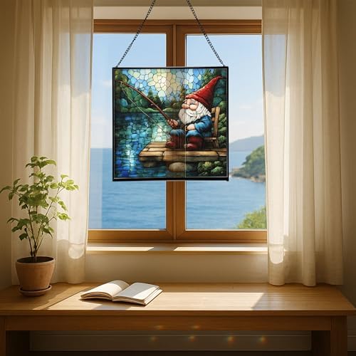 Fishing Gnome by The Lake Stained Glass Suncatcher – Square Hanging Window Panel for Home or Greenhouse – Whimsical Glass Art Gift for Garden Lovers, Christmas, Halloween, Father Days RUy8OS - Image 6