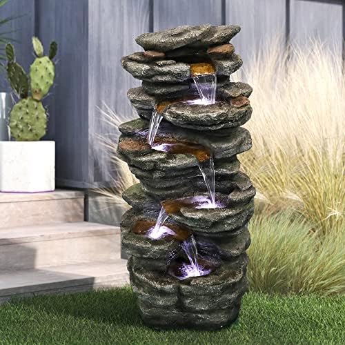 PeterIvan 6-Tier Rockery Outdoor Relaxing Water Fountain - 40” H Outdoor Waterfall Fountain with LED Light for Home&Office Decor, Stone-Liking Cascading Relaxation Garden Fountains for Patio, Garden - Image 2