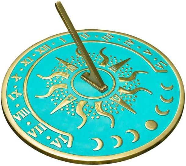 Renovators Supply Manufacturing Solstice Brass Sundial Blue Verdigris Finish 10" Dia Vintage Sun Dial Garden Or Lawn Clock Compass NESW Plaque Round Patio Outdoor Compass Sundials for Yards by RenovatorsSupplyManufacturing