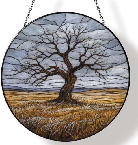 Lonely Bare Tree Stained Glass Suncatcher 9.8" Colorful Window Hanging Ornament, Retro Sun Catcher Decor with Chain for Home Wall Garden Birthday Christmas Mothers Day by FeHuew