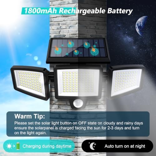 Tuffenough Solar Outdoor Lights 2500LM 210 LED Security Lights with Remote Control,3 Heads Motion Sensor Lights, IP65 Waterproof,270° Wide Angle Flood Wall Lights with 3 Modes(1 Packs) - Image 4