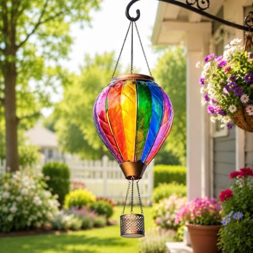 Chevron Rainbow Hot Air Balloon Solar Lantern with Flickering Flame - Image 2