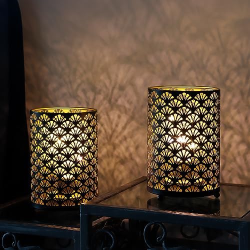 TRIROCKS Set of 12 Table Lamp 6.5'' Tall Metal Cordless Table Lamp Bronze Lanterns with Warm Fairy Lights Bulb for Patio Garden Wedding Parties Indoor Outdoor(Scalloped Hollow Pattern) - Image 4