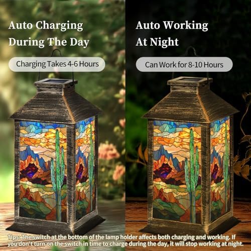 Solar Lantern Stunning Stained Glass Western Landscape Textured Cactus Outdoor Waterproof Garden Hanging Lantern Solar Powered Lighting Outside Table Lamp for Patio Deck Camping 1 Pack - Image 3