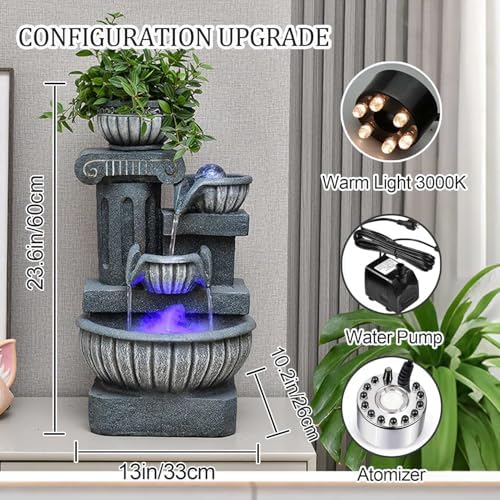 4-Tiers Cascading Bowls Water Fountain Outdoor, Waterfalls Fountains with LED Lights & Atomizing, Outdoor/Indoor Resin Water Feature Fountain for Patio, Garden, Backyard, Deck,23.6" H - Image 2