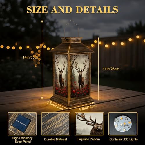 Solar Lantern Outdoor Garden Hanging Lantern Majestic Stag Antlers Rose Garden Misty Forest Waterproof Solar Powered Lighting Outside Table Lamp for Patio Deck Yard Camping - Image 2