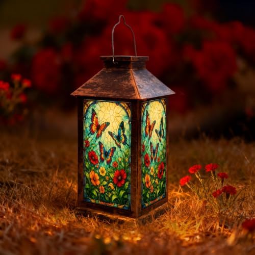 Solar Lantern Stained Glass Art Vibrant Outdoor Waterproof Garden Hanging Lantern Solar Powered Lighting Outside Solar Light for Patio Yard Camping, Gifts for Women Mom by Unknown