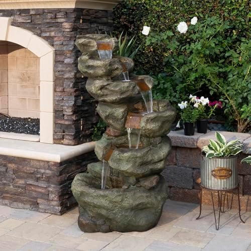 Alpine Corporation 48" Tall Multi-Tier Rock Waterfall Fountain with Cool White LED Lights, Outdoor Water Feature for Backyard, Patio & Garden Decor, Gray - Image 2