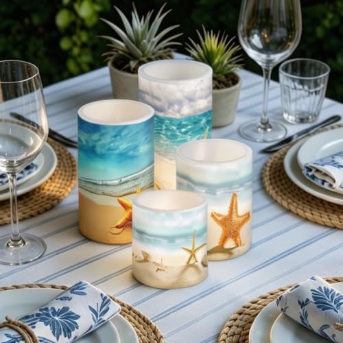 LED Flickering Candles Battery Operated Candles Set of 4 with Remote Control Timer Dancing Flame Pillar Candles Home Table Coastal Decoration, Beach Coastal - Image 5