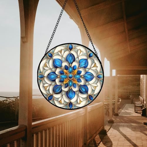 Stained Glass Window Hanging - Blue and White Abstract Flowers Suncatcher for Door Terrace Garden Home Decor, Gold Sun Catcher Birthday Gifts for Lovers Women Men Dad Mom Nana 9.8 in - Image 3