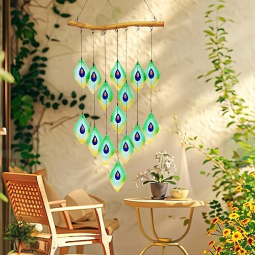 Handmade Peacock Feathers Glass Wind Chimes – Sea Glass Garden Windchimes for Outside, Hand-Painted Glass Suncatcher, Durable - Image 5