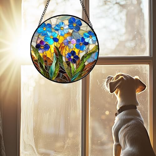Blue Flower Stained Glass Window Hanging Suncatcher Gifts for Women 12" - Image 3