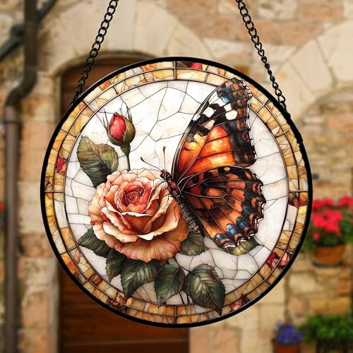 Rose Butterfly Stained Glass Window Hanging Suncatcher Gift for Women 9.8" - Image 4