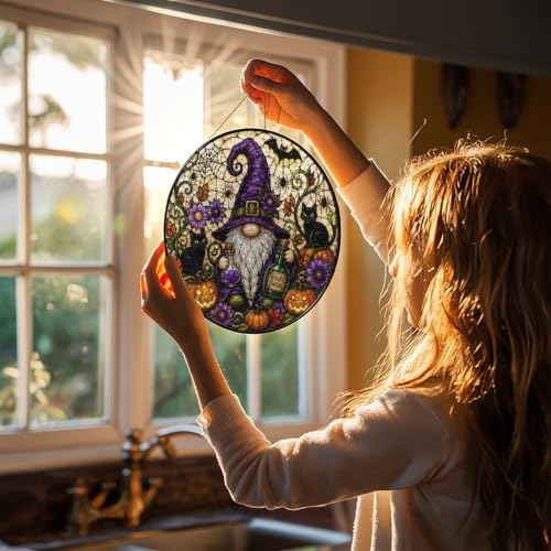 Stained Glass Halloween Gnome Witch Suncatcher, Pumpkin Black Cat Spider Bat Circular Panel, Spooky Fall Season Window Hanging Ornament - Image 3