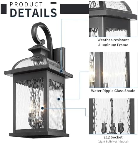 Darkaway Outdoor Lights Fixtures Wall Mount, Extra Large 26inch Outdoor Wall Sconce Lights with Water Ripple Glass for House Front Porch Patio Garage E12 Bulb Base - Image 4