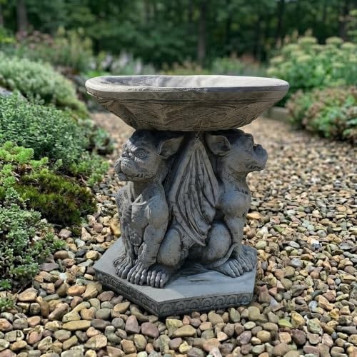 OLOMA Gothic Gargoyle Bird Bath Garden Statue Stone Fantasy Creature Outdoor Yard Decor Handcrafted Concrete Garden Ornament Weather Resistance Fantasy Sculpture by OLOMA