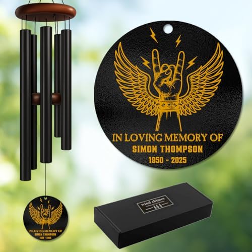 Personalized Rock Memorial Wind Chime – Custom Name & Years with Angel Wing Guitar Art – “in Loving Memory” Tribute for Music Lovers, Free Spirits, and Families Honoring The Loss of a Beloved One by AlpadilCo