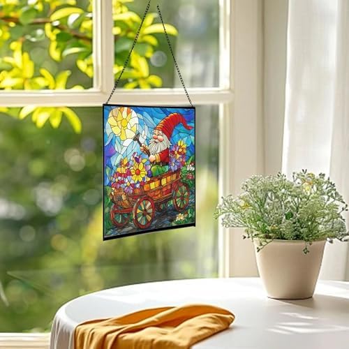 Gnome in a Wagon Ride Stained Glass Suncatcher – Square Hanging Window Panel for Home or Greenhouse – Whimsical Glass Art Gift for Garden Lovers, Christmas, Halloween, Father Days KkTJmY - Image 3