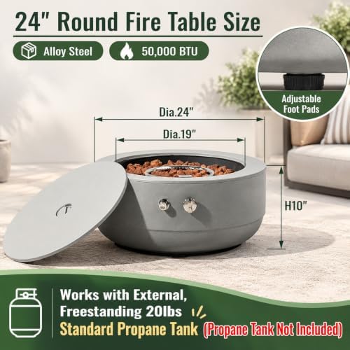 24 Inch Propane Fire Pit Bowl, 50000 BTU Round Steel Gas Fire Pit with Lid, Portable Outdoor Fire Table for Patio Deck Balcony Backyard Garden, Concrete Grey (Tank Cover Not Included) - Image 2