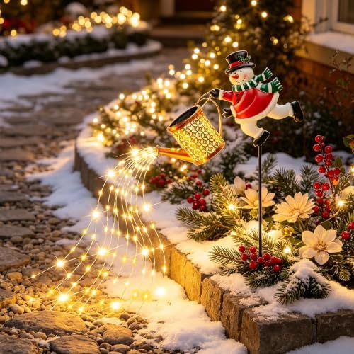 Solar Snowman Garden Stake Light, Waterproof Watering Can Lamp - Image 3