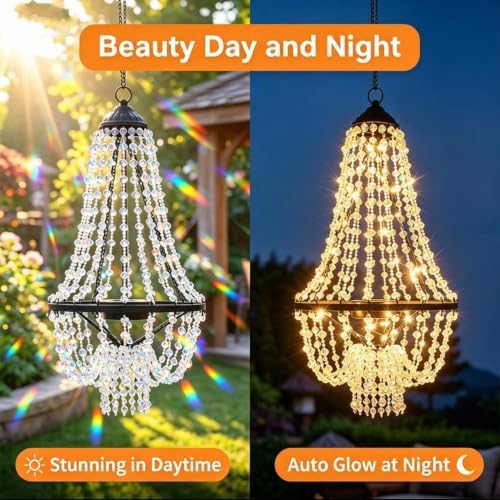 Solar Hanging Crystal Chandelier, Waterproof LED Outdoor Garden Decor Light - Image 2