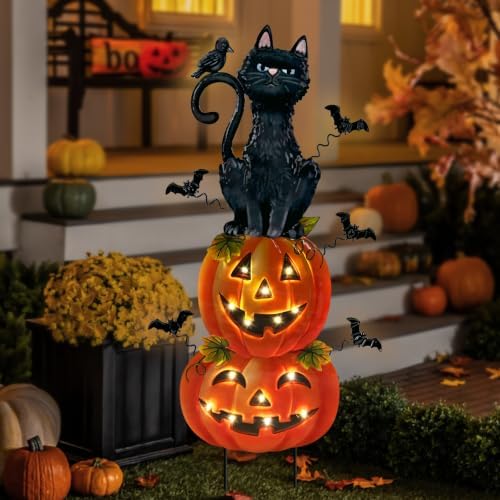 Outdoor Halloween Decorations,Metal Black Cat & Jack'O Lighted Timer Stakes by NalunelawnHomeGardenDecor