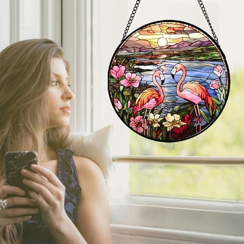 Stained Glass Window Hanging - Flamingo Wildflowers Landscape Suncatcher for Door Terrace Garden Home Decor Sunset Lake Sun Catcher Birthday Gifts for Lovers Women Men Dad Mom Nana 11.8 in - Image 2