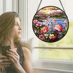 Stained Glass Window Hanging - Flamingo Wildflowers Landscape Suncatcher for Door Terrace Garden Home Decor Sunset Lake Sun Catcher Birthday Gifts for Lovers Women Men Dad Mom Nana 11.8 in - Image 2
