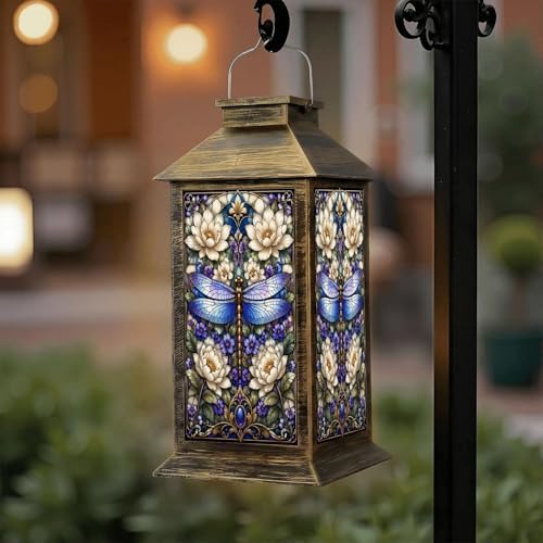 Solar Lantern Outdoor Waterproof Stained Glass Dragonfly Floral Design Soft Pastel Hues Garden Decor LED Hanging Solar Lights Tabletop Lamp Gifts for Women Mom Outside Yard Patio Porch by DERUINVAIO