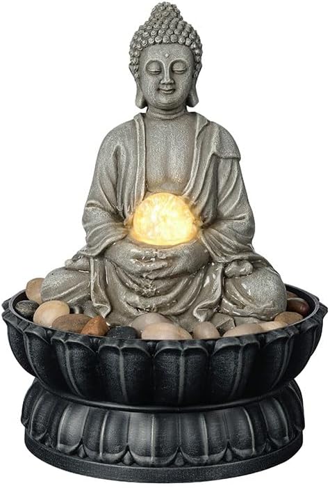 Kalona Tabletop Buddha Waterfall Fountain, Meditating Buddha Zen Fountain with LED Glass Orb, Relaxing Desk Water Feature for Home Office Decor(21127B) by Kalona