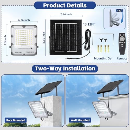 100W Solar Flood Light Outdoor Waterproof, 24000LM 6500K LED Solar Street Light with Remote, Dusk to Dawn Solar-Powered Lamp, Split Type Security Lighting with 13FT Cable for Parking Lot Yard Garage - Image 6