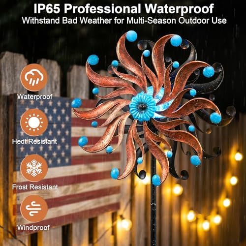 Solar Wind Spinner - Rustic Copper & Turquoise Kinetic Yard Art with Glass Globe - Vintage Metal Sunburst Wind Catcher Outdoor Garden Decor for Lawn, Patio, and Front Porch - Image 2
