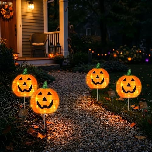 BRIGHTDECK Halloween Solar Pathway Lights Outdoor, LED Decor, Light Up Solar Stake Lights for Holiday, Halloween, Walkway, Sidewalk (Foldable Pumpkin, 4-Pack) - Image 3