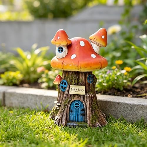 COWOS Mushroom House Sculptures, Collection of Resin Garden Sculptures, Resin Fairy House Statue, Solar Fairy Garden Figurine with Warm White Light Mushroom for Outdoor, Lawn, Yard Decoration - Image 3