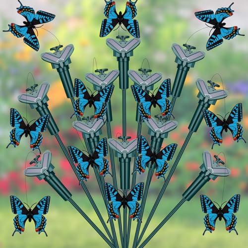Tujoe 12 Pcs Butterfly Garden Stakes Decorative, Solar Moving Fluttering Butterfly Outdoor Waterproof Flying Butterflies Decor for Yard Pathway Garden Landscape Ornament, Battery Also Powered (Blue) by Tujoe