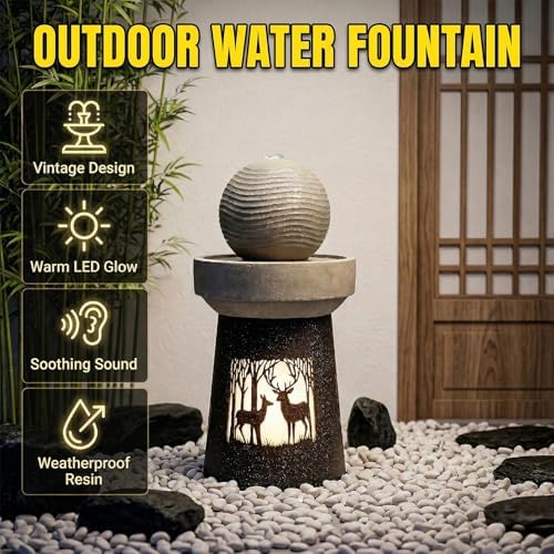 32.1''H Outdoor Barrel Water Fountain with Warm LED Light, Deer Silhouette Decorative Landscape Lantern Lamp, Outdoor Art Décor for Patio Lawn Backyard, Easy Assembly, Grey+Black - Image 5