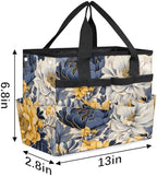 Navy Blue Floral Garden Tool Bag Organizer Heavy Duty Yellow Flowers Gardening Tote Bag with 10 Pockets for Women Men Gardening Gifts - Image 3