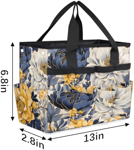 Navy Blue Floral Garden Tool Bag Organizer Heavy Duty Yellow Flowers Gardening Tote Bag with 10 Pockets for Women Men Gardening Gifts - Image 3