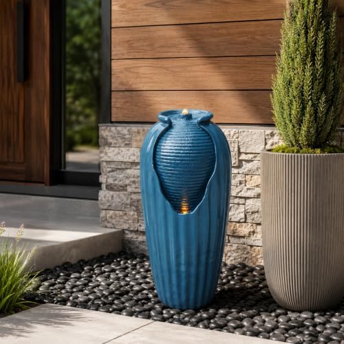 Teamson Home 32 in. Outdoor Contemporary Glazed Contoured Vase Water Fountain with LED Lights to Create a Calming Oasis in Gardens and Landscaping, on Patios, Balconies, Lawns, Teal Blue - Image 5