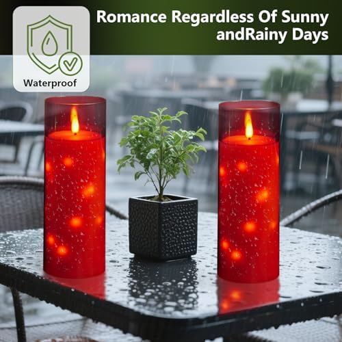 kakoya 11" x 4" Large Outdoor Waterproof Flameless LED Candles with Remote and Timer,Acrylic Pillar Candles Battery Operated with Embedded Star String for Porch,Patio,Outdoor Decor,Set of 2(Red) - Image 6
