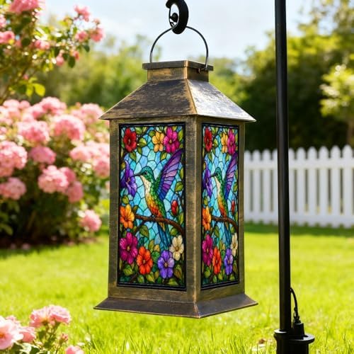 Solar Lantern Colorful Stained Glass Artwork Hummingbirds Garden Hanging Lantern Waterproof Solar Powered Lighting Outdoor Table Lamp for Patio Yard Memorial Gifts Grave Decorations for Cemetery - Image 2