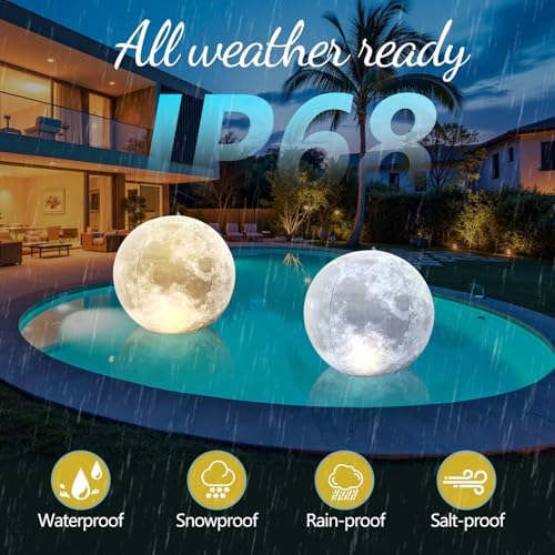 Full Moon Floating Pool Lights Solar Powered - 15" Inflatable Waterproof Solar Pool Lights that Float, Cool White & Warm White Light Up Pools Balls, Float or Hang in Pond Garden Party Decor(4) - Image 4
