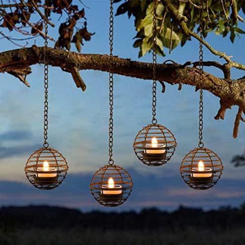 Solar Hanging Lanterns Outdoor Waterproof, Rust Iron Ball Candle Holder with Flickering Solar Powered Tea Lights, Perfect Chargeable Solar Lights for Backyard Patio Garden Fence Tree Decoration-4Pack by TWINKVILLA