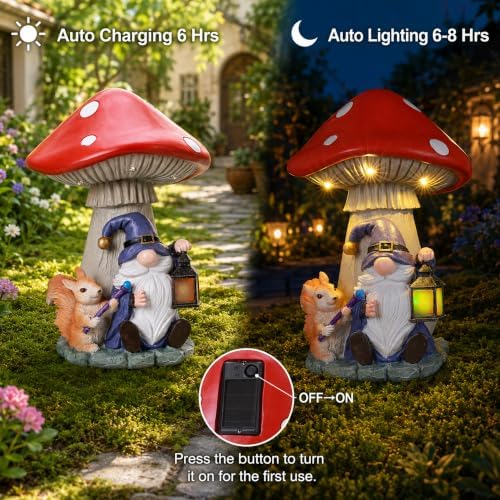 Solar Gnome and Squirrel Statue Under Mushroom Garden Decor, Garden Gnomes Outdoor Statue with Solar Lantern for Yard Patio Lawn Decor, Unique Birthday Gifts for Mom Women Grandma - Image 6