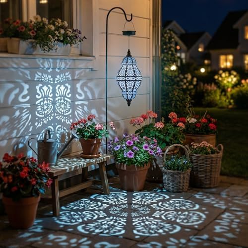 Twinkya 2 Pack Hanging Solar Lights Outdoor Garden Decor, Waterproof Plastic Moroccan Solar Powered Lantern Lamp, Outside Decorations for Patio Yard Porch Backyard Decor, Gardening Gifts for Women Mom - Image 5