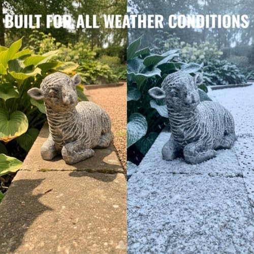 OLOMA Realistic Lamb Outdoor Garden Statue Handmade Farm Animal Sculpture Yard Lawn Patio Porch Flower Bed Decor Weather Resistant Cement Sheep Ornament Concrete Animal Accent Gift - Image 6