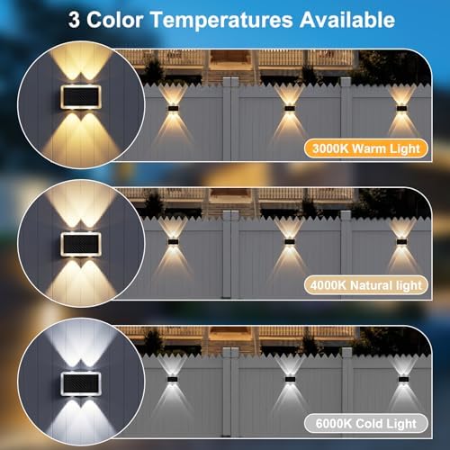 Solar Fence Lights Outdoor, Up Down Glow Solar Powered Wall Lights with 3 Modes Color Temp Changing-3000K/4000K/6000K, IP65 Waterproof LED Solar Garden Light for Patio Pool Step Porch Yard-8 Pack - Image 2